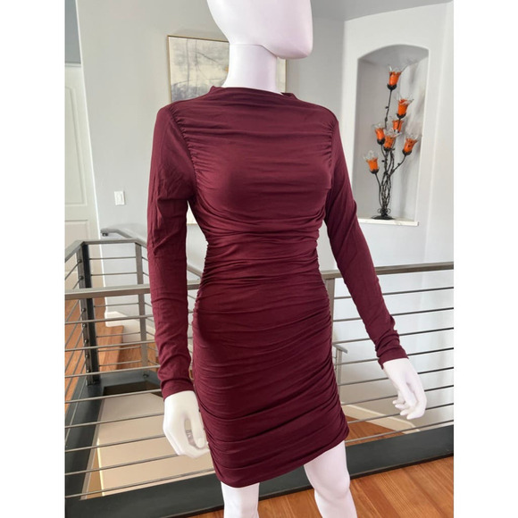 Naked Wardrobe Ruched Long Sleeve Back Cutout Mini Dress in Burgundy - Picture 1 of 13